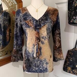VTG Y2K Dressbarn Brown, Blue & Gold Glitter Floral Ruffle Bell Sleeve Fairy Top